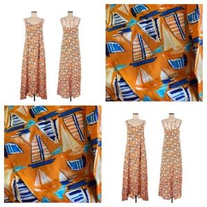 Anthropologie Antibes Blanc Orange Sailboat Crisscross Strap Maxi Dress
